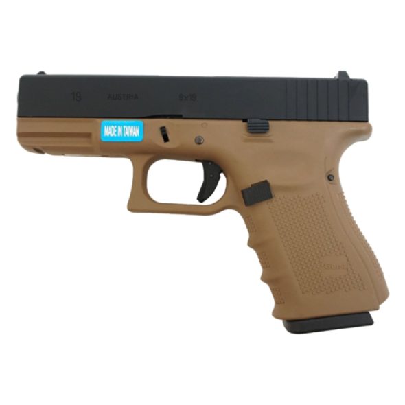 Страйкбольный пистолет WE Glock-19 Gen.4 Tan, сменные накладки (WE-G003B-TAN)