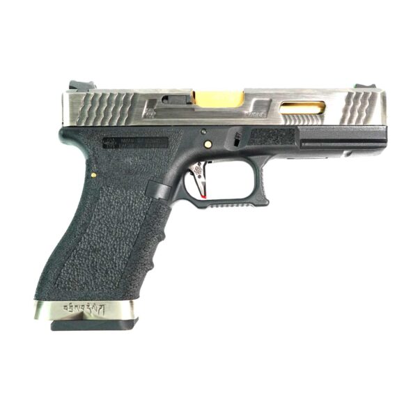 Страйкбольный пистолет WE Glock-17 G-Force серебрянный затвор золотой ствол (WE-G001WET-3)