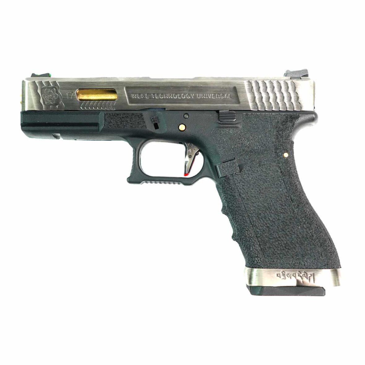 Страйкбольный пистолет WE Glock-17 G-Force серебрянный затвор золотой ствол (WE-G001WET-3)
