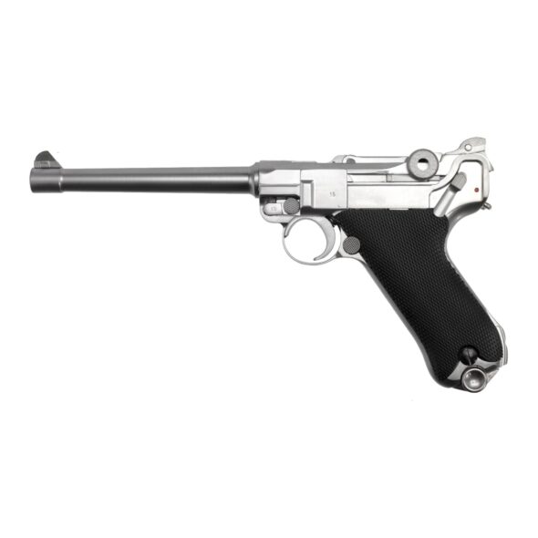 Страйкбольный пистолет WE Luger P-08 6 дюймов хром Gas (WE-P005)